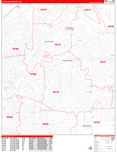 Cleveland Heights City Wall Map Red Line Style